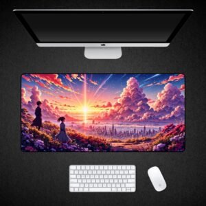 Tranquil Horizon Anime Sunset Cityscape Desk Mat